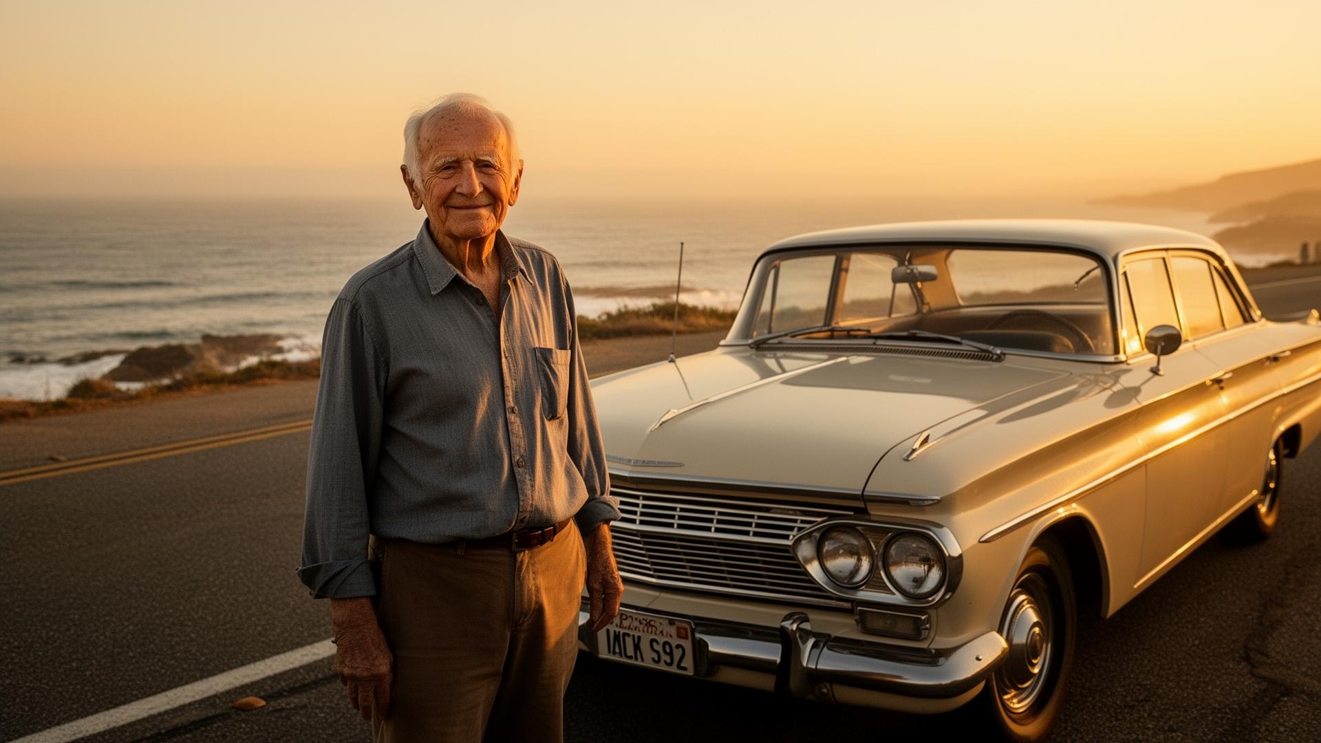 An elderly man beside a classic car at sunset - a moment behind the photograph