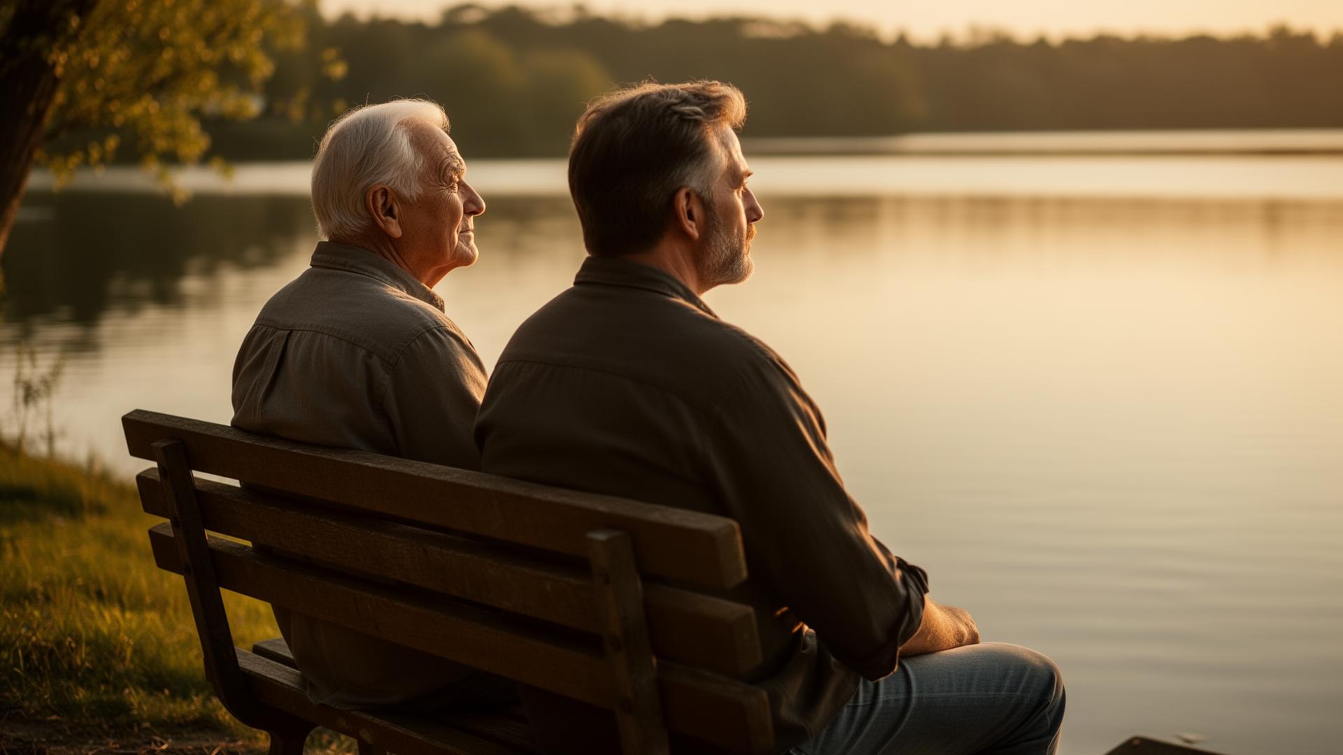 A grandfather and grandchild looking through a family photo album
