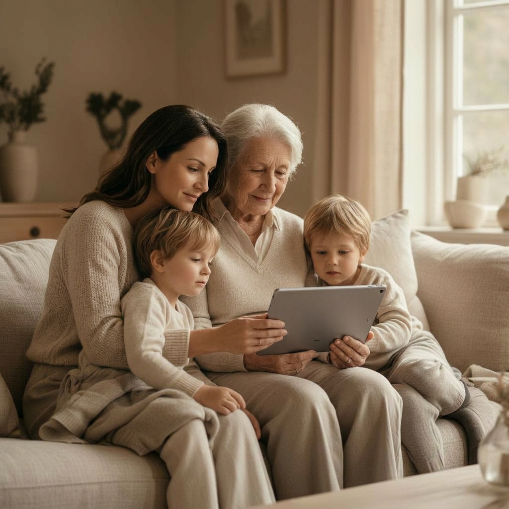 A grandmother, her daughter and grandchildren on a sofa, looking at family memories on an iPad